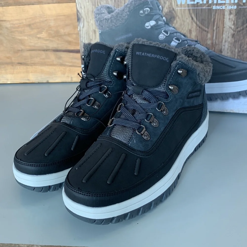 NIB Men’s Weatherproof Landon Boot Grey Black Leather Memory Foam